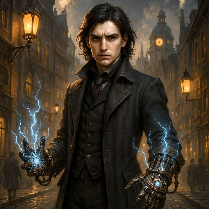 Stern Victorian steampunk man with mechanical gauntlets channeling lightning on a gaslit old city...