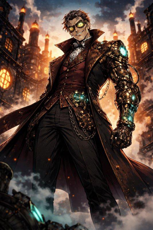 Confident steampunk gentleman with a glowing mechanical brass arm stands before an industrial ste...