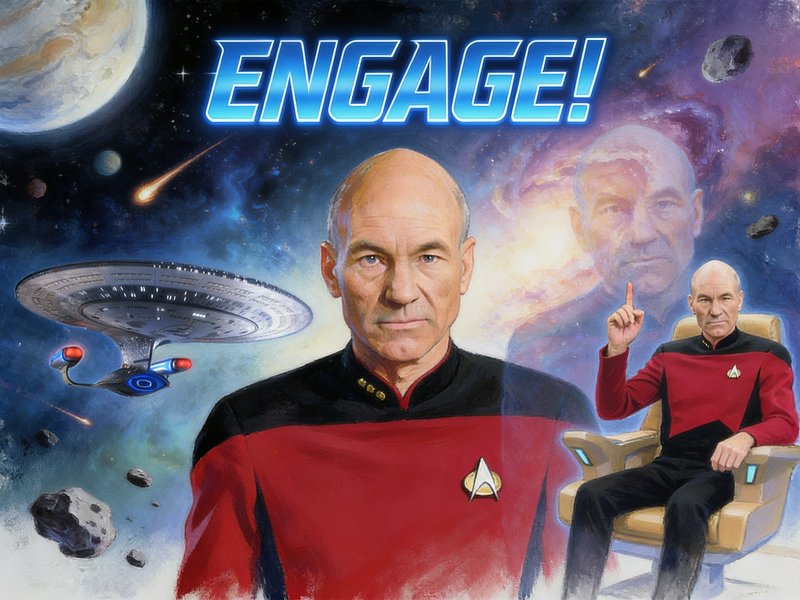 Star Trek fan art of Captain Jean-Luc Picard with glowing "ENGAGE!" text and the USS Enterprise i...