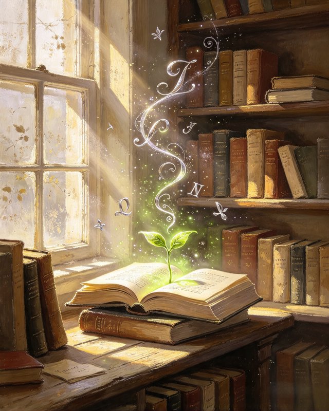 Glowing magical sprout rises from an open antique book on a sunlit cottage library desk