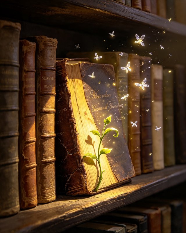 Open antique leather book on a wooden bookshelf with a growing green sprout and floating glowing ...