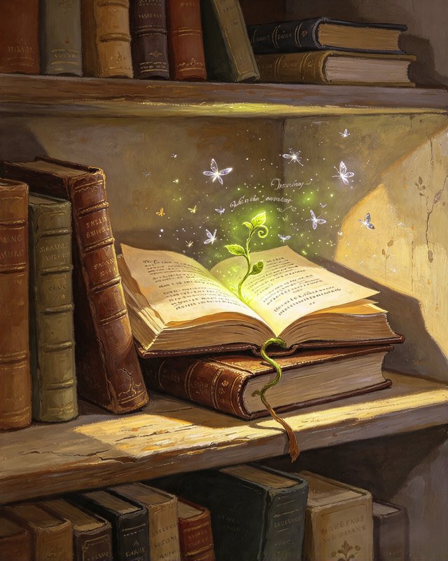 Glowing magical sprout emerges from an open old book, surrounded by glittering sprites on a woode...
