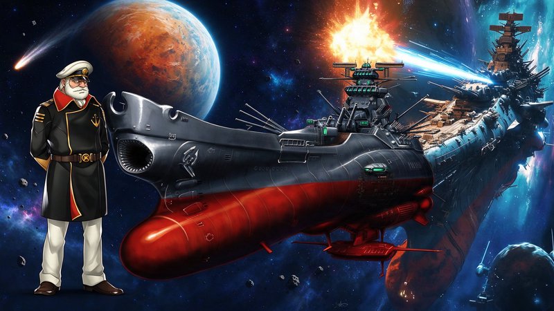 Bearded space fleet admiral stands beside futuristic space battleships during an active outer spa...