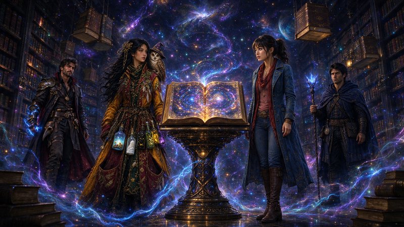 Four fantasy adventurers gather around a glowing cosmic spellbook in an enchanted magical library