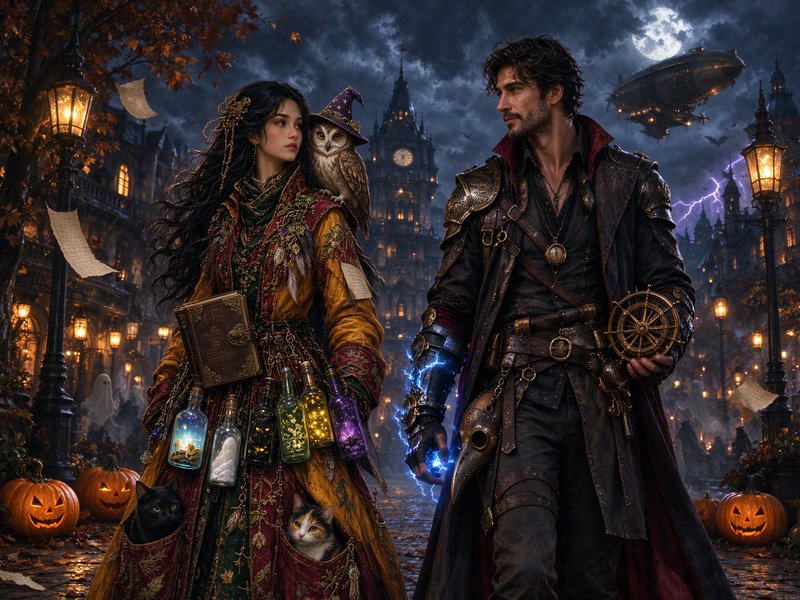 Steampunk witch and warlock stand on a spooky Halloween city street with magical familiars and en...