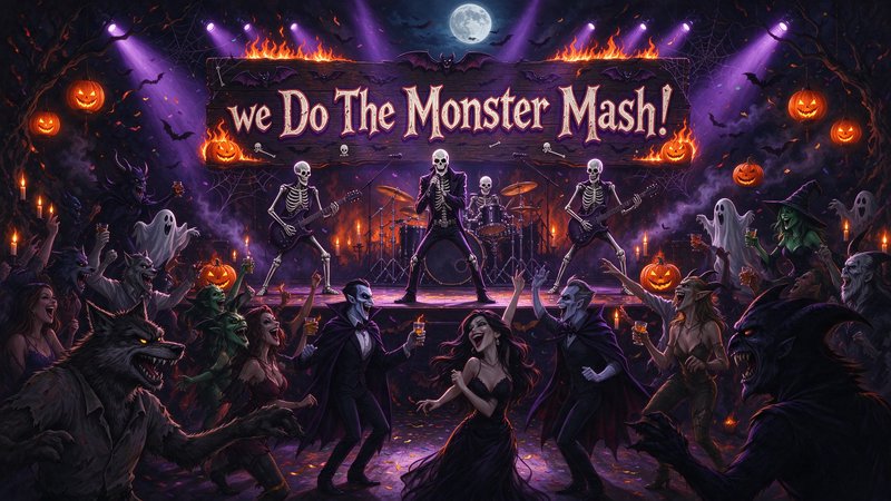 Skeleton rock band performs for dancing Halloween monsters at a lively Monster Mash costume party
