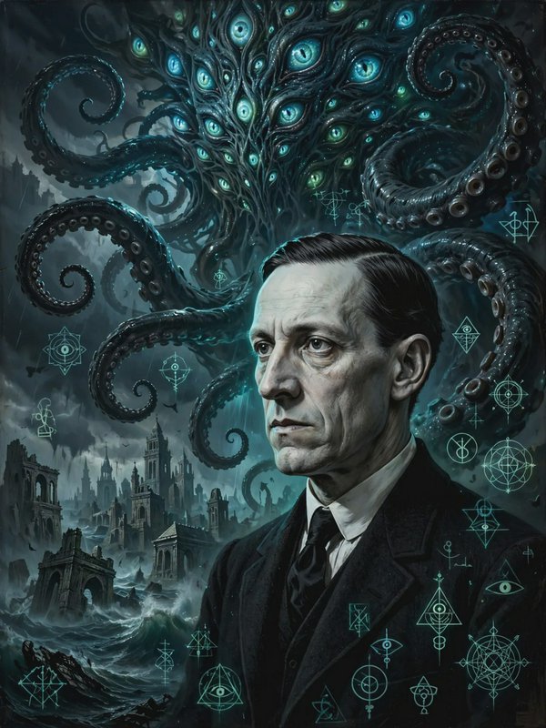 H.P. Lovecraft portrait with multi-eyed tentacled cosmic entity above flooded stormy gothic ruins