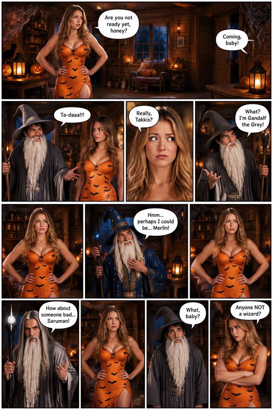 Funny multi-panel Halloween comic of a woman frustrated her partner only picks wizard costumes for their outing