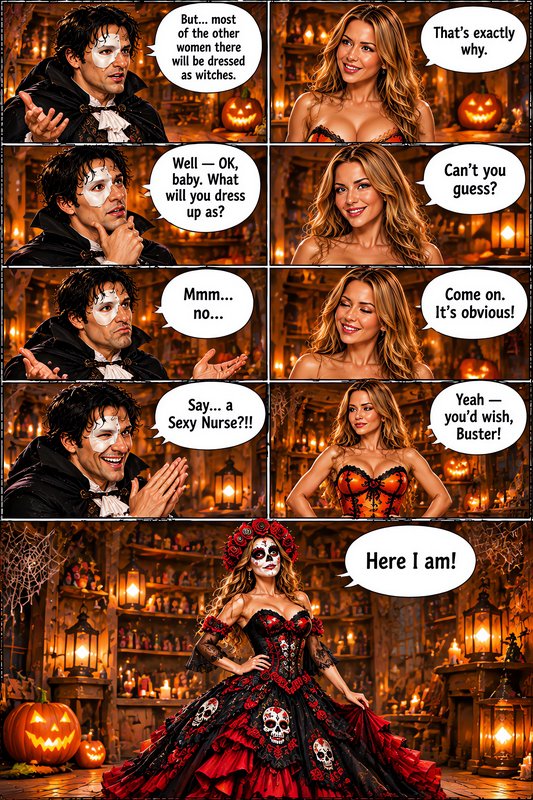 Funny 9-panel Halloween comic where a man guesses his partner's costume before she reveals an elaborate Day of the Dead gown.