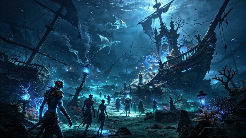 Aquatic fantasy characters walk through a sunken ship graveyard underwater toward a glowing enchanted galleon throne