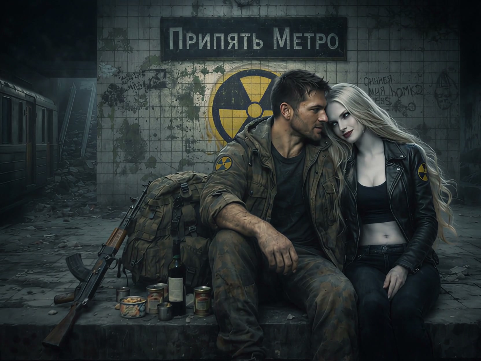 Man in military gear and a woman in a leather jacket sit close together in a ruined metro station...