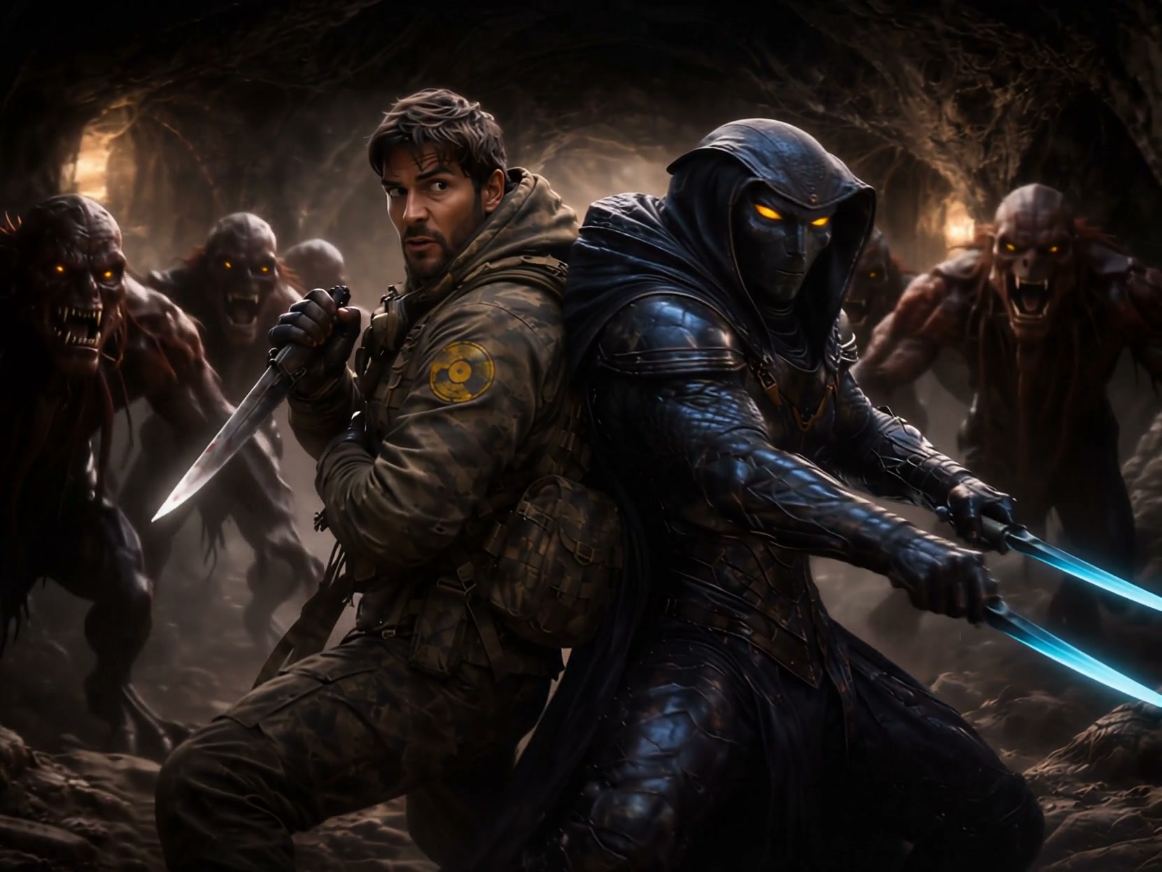 Two armed warriors back-to-back in a dark cavern, facing glowing-eyed monsters.