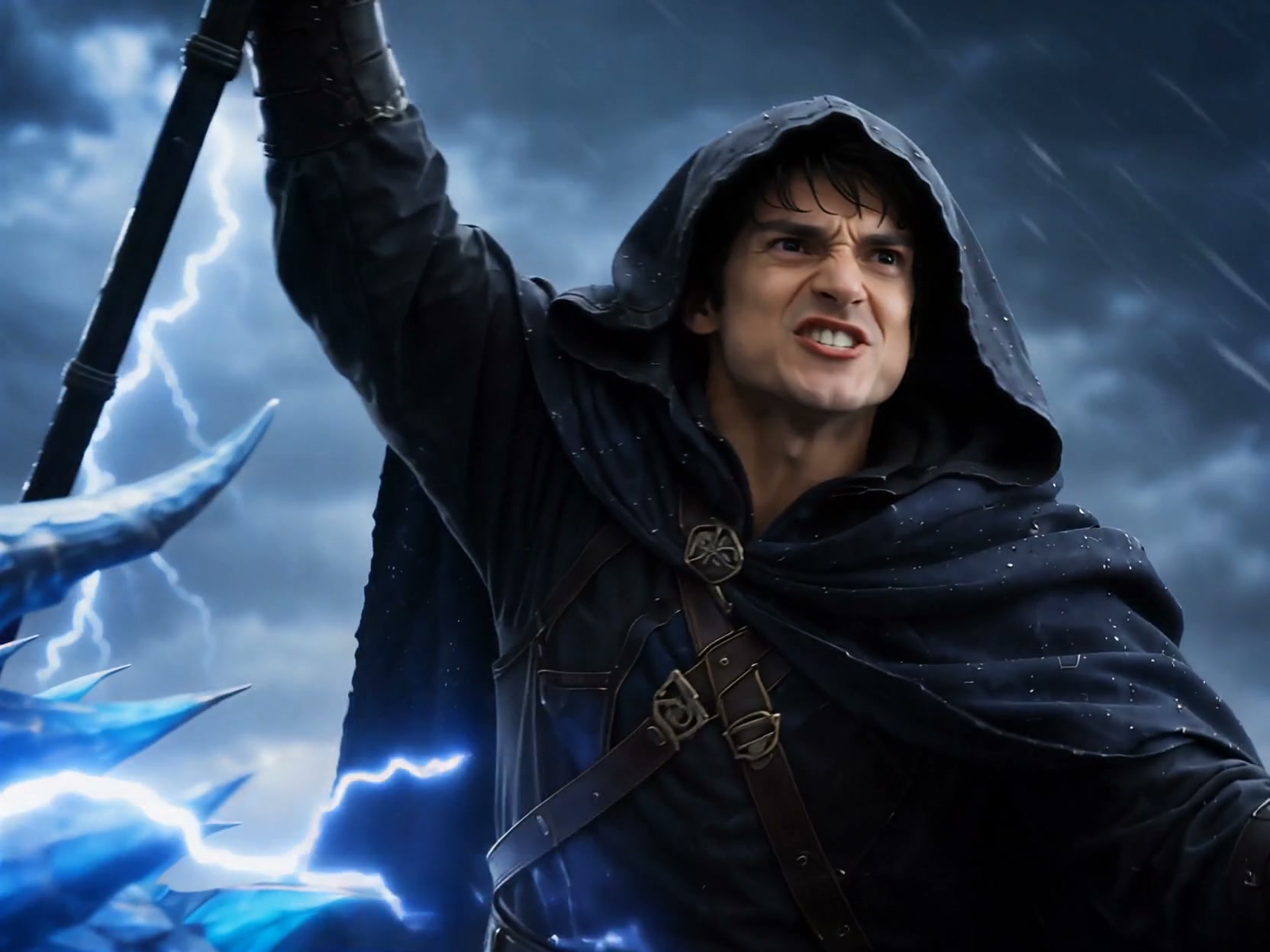 Dark hooded hero raises a weapon amid stormy skies, blue lightning and ice shards around.