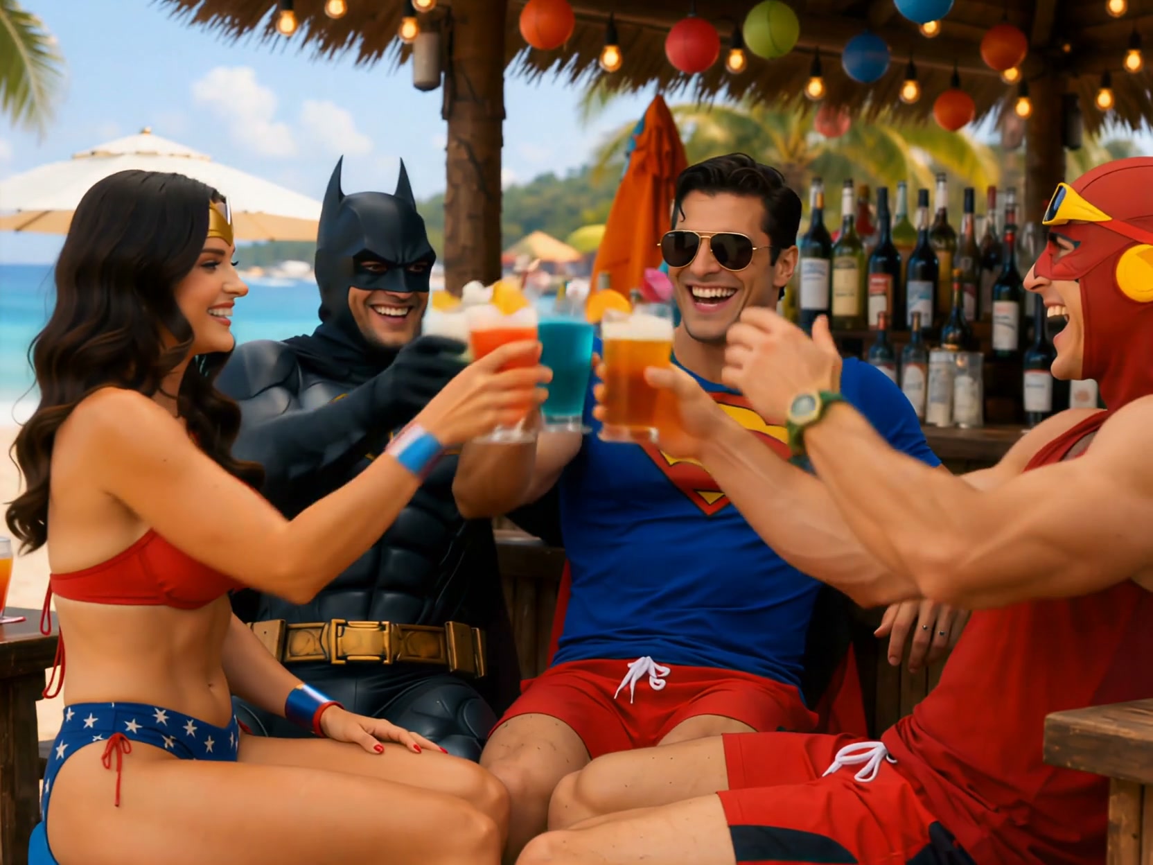 Group of iconic superheroes toasting tropical drinks at a beach bar.