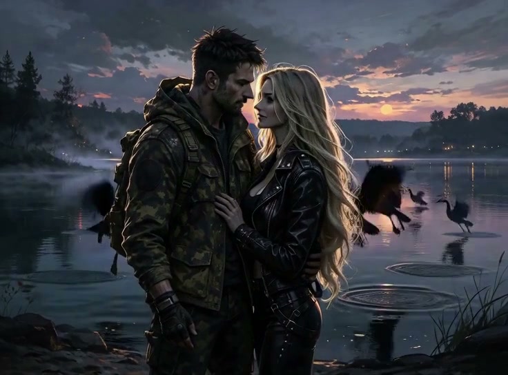 Tactical couple stand intimately face to face on a misty lakeshore at twilight sunset