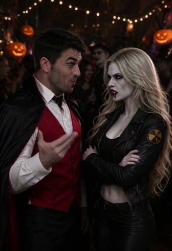 Man in Dracula costume gestures while talking to an annoyed female vampire at a Halloween party