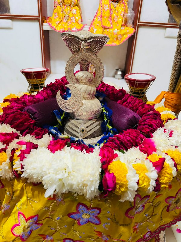 Decorated Shiva lingam with silver Sheshnaag adornment surrounded by fresh flower garlands for Hi...