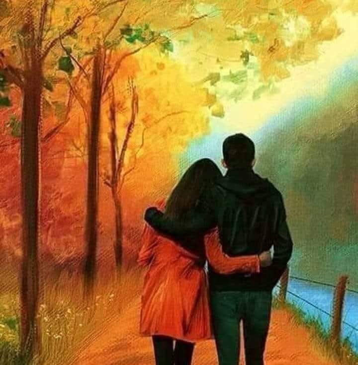 Romantic embracing couple overlooking a golden autumn riverside trail in an impressionist painting