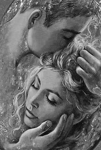 Tender grayscale illustration of an intimate couple embracing while floating in rippling water