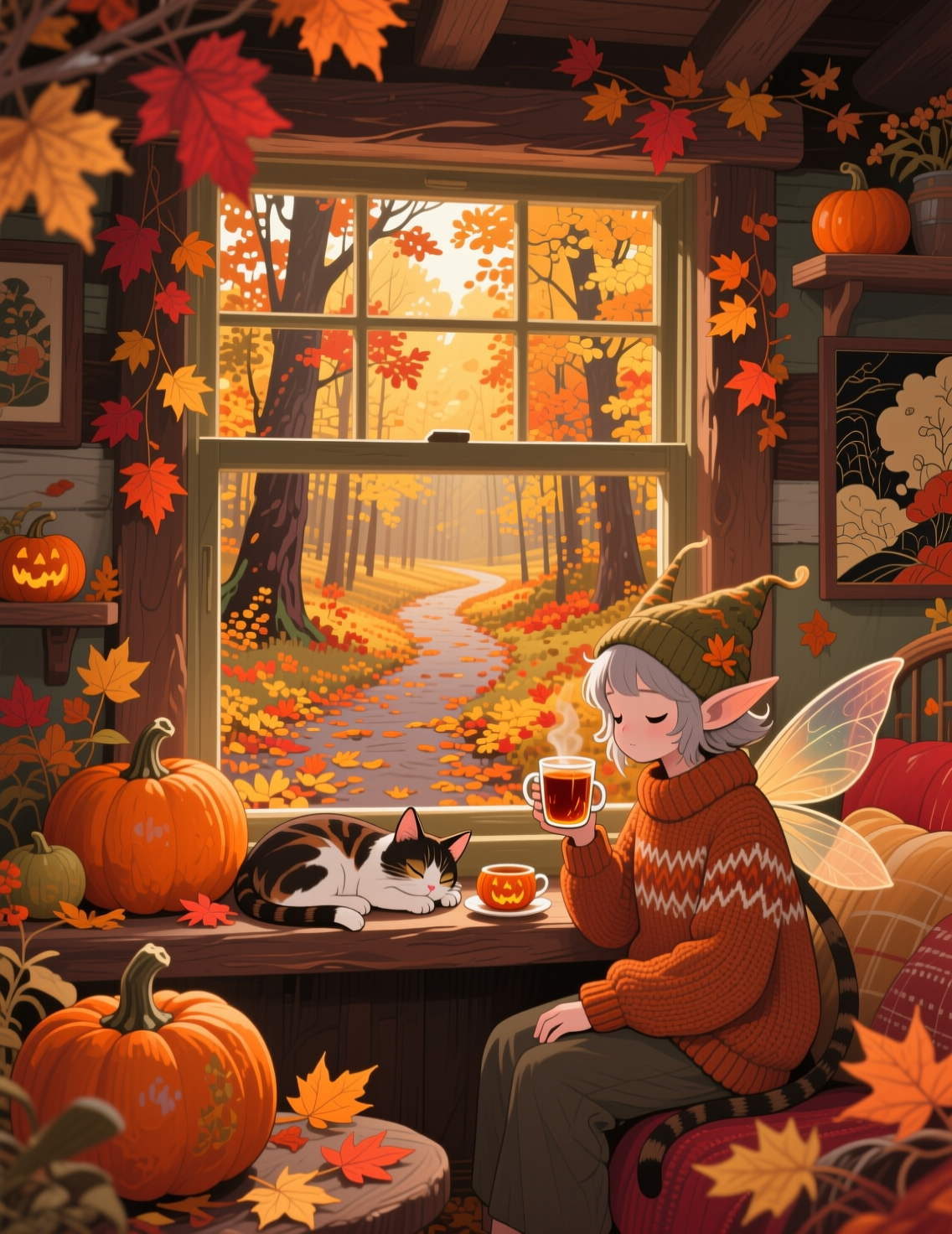 Fairy character in a knit hat drinks hot tea beside a napping cat in a cozy fall cabin overlooking an autumn forest.