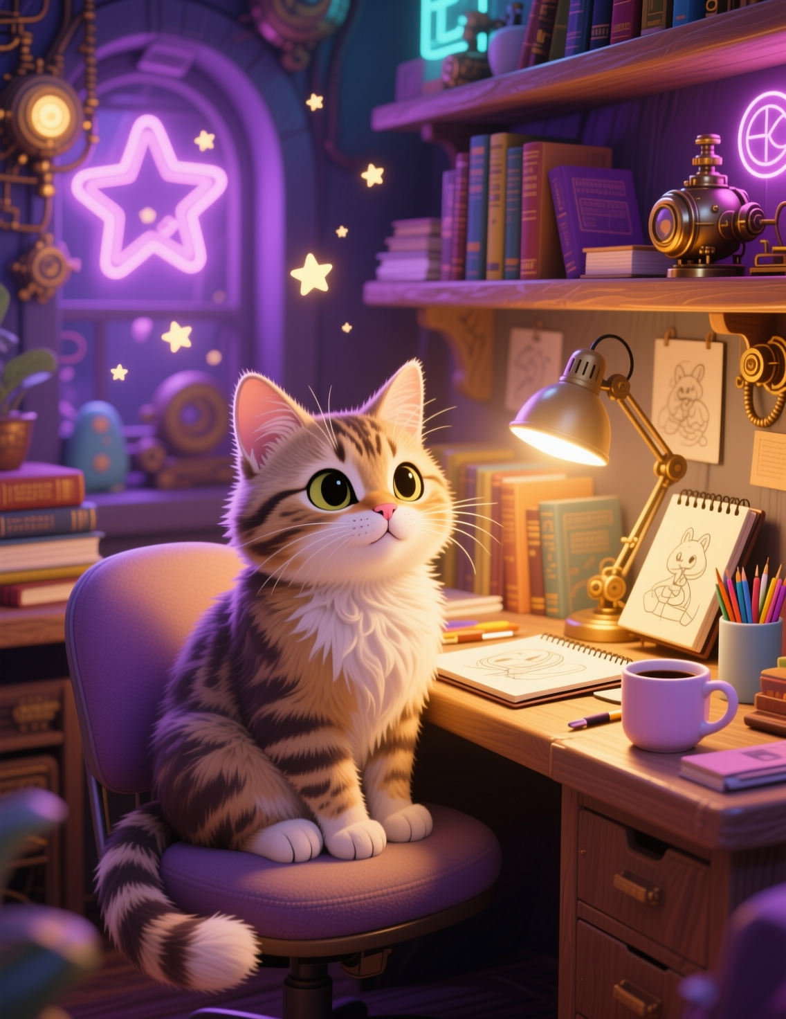 Fluffy striped tabby cat with big green eyes sits on a purple chair at a neon lit artist desk