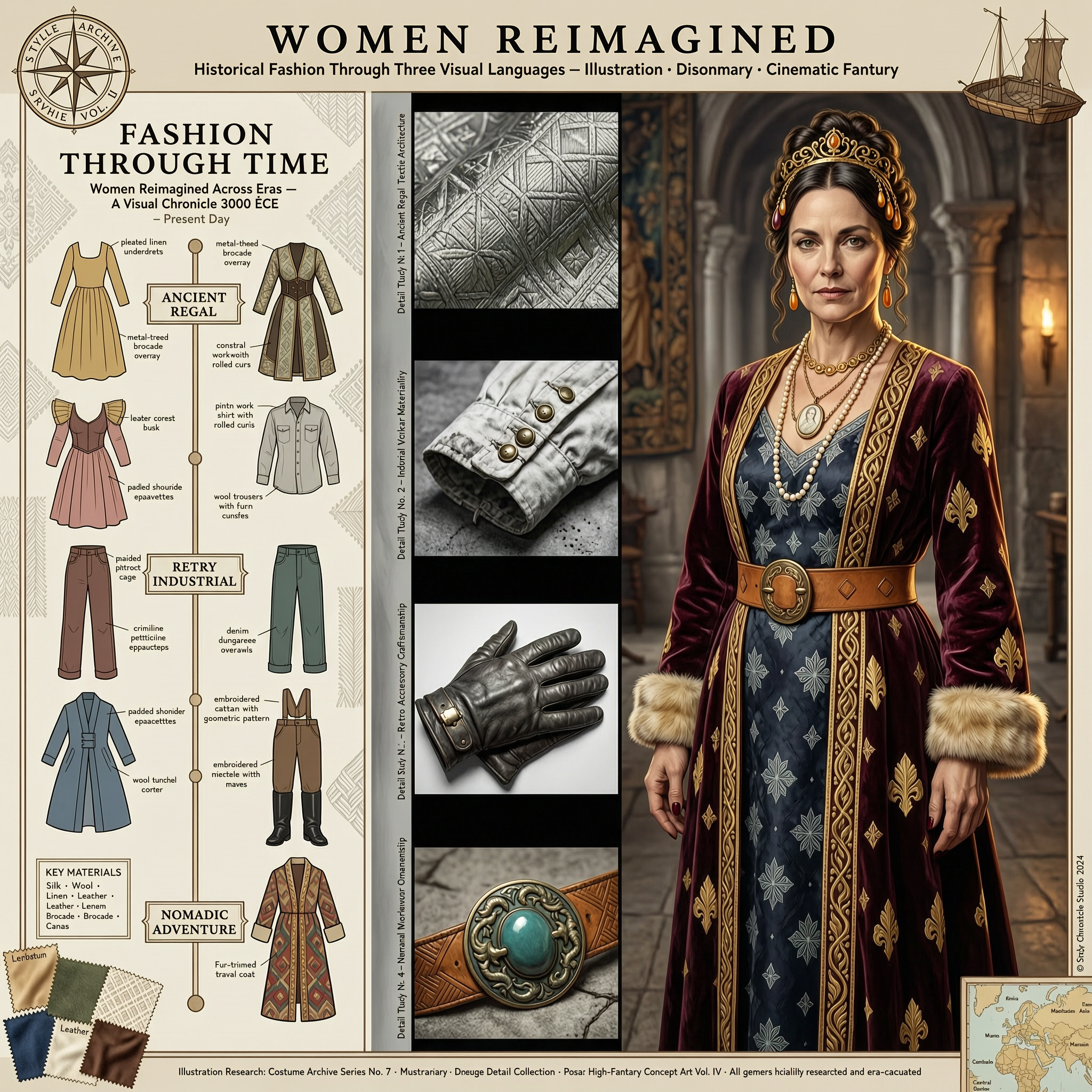 Historical fashion timeline infographic paired with a cinematic portrait of a regal medieval noblewoman
