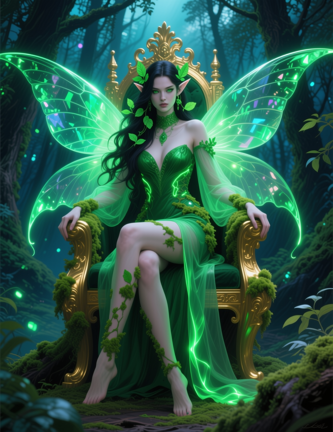 Regal fairy queen with glowing translucent green wings sits on an ornate golden throne in a misty enchanted forest