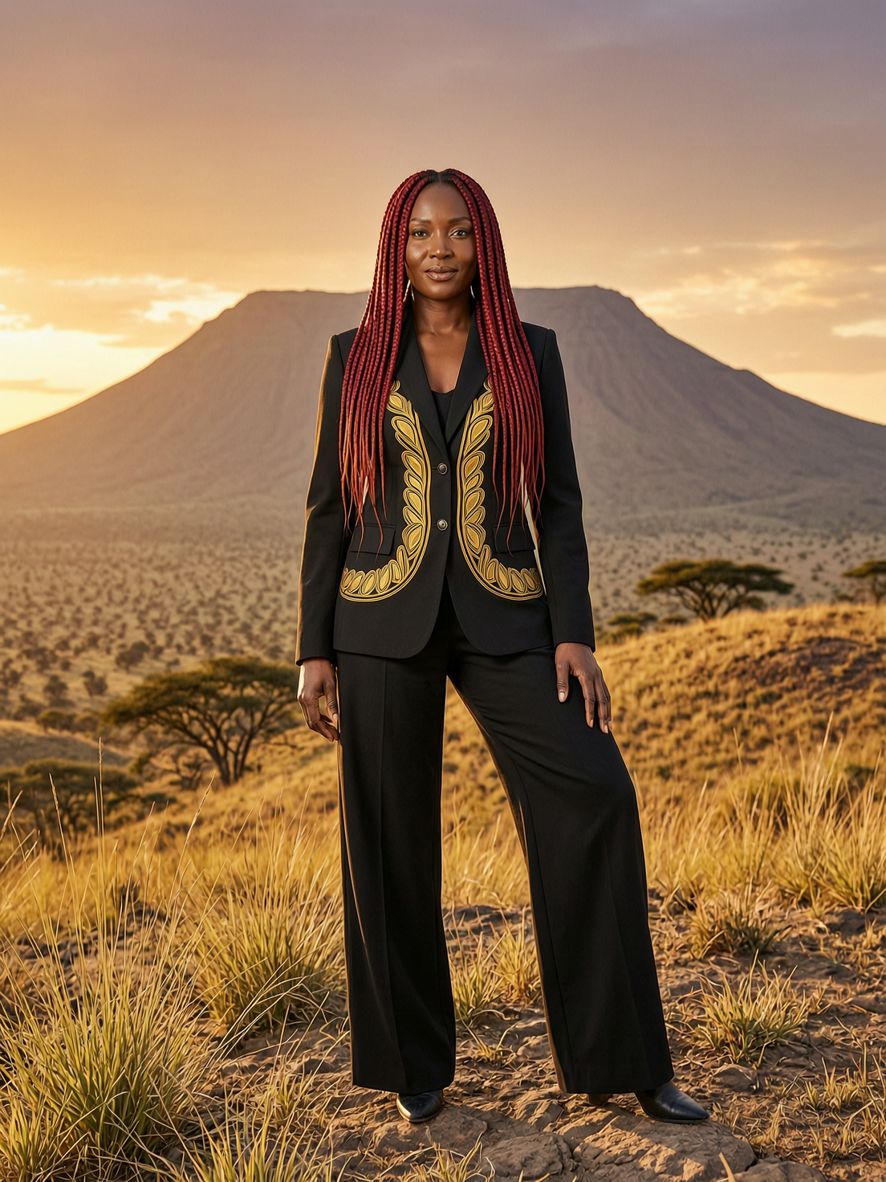 Black woman with long red braids in an embroidered suit stands on a savanna hill at golden sunset