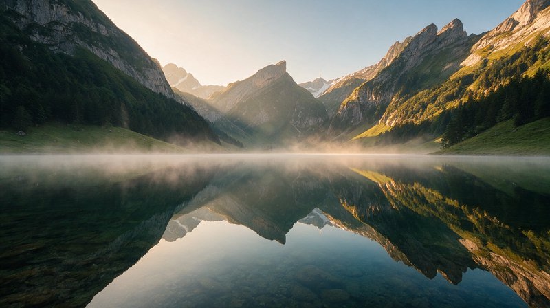 Misty alpine lake reflects jagged rocky mountains at soft golden sunrise