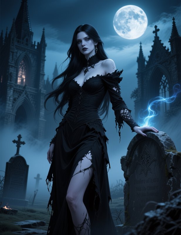 Gothic necromancer rests her hand on a gravestone in a moonlit misty cemetery