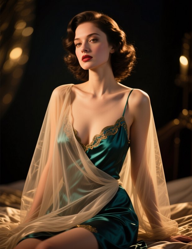Glamorous old Hollywood style woman seated on a bed in an emerald silk slip and sheer tulle wrap
