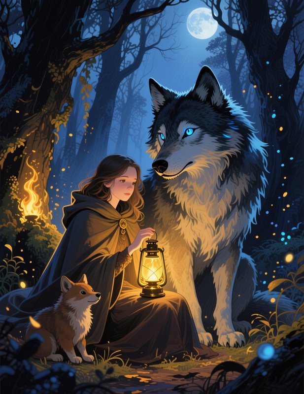 Hooded young woman with a glowing lantern sits beside a giant wolf and fox in a moonlit enchanted forest