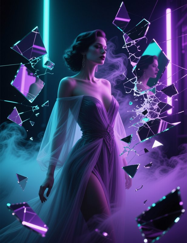 Elegant woman in a purple gown stands surrounded by floating shattered mirror shards under glowing neon lighting