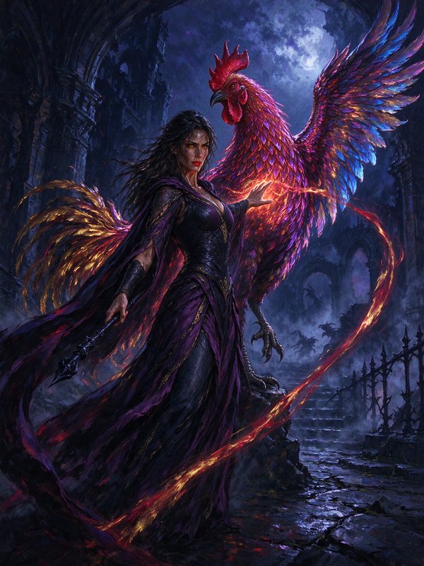 Dark sorceress casts glowing magic beside a giant iridescent rooster phoenix in a ruined gothic castle