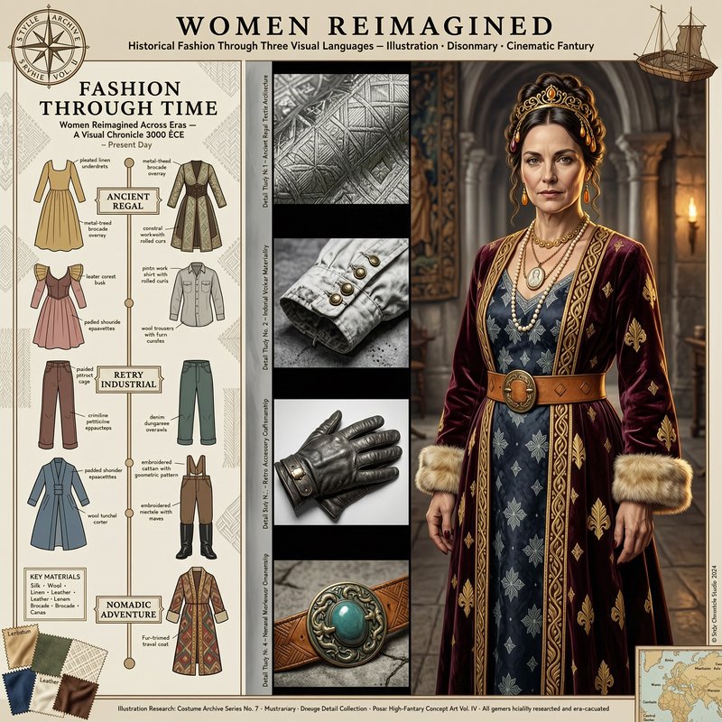 Historical fashion timeline infographic paired with a cinematic portrait of a regal medieval noblewoman
