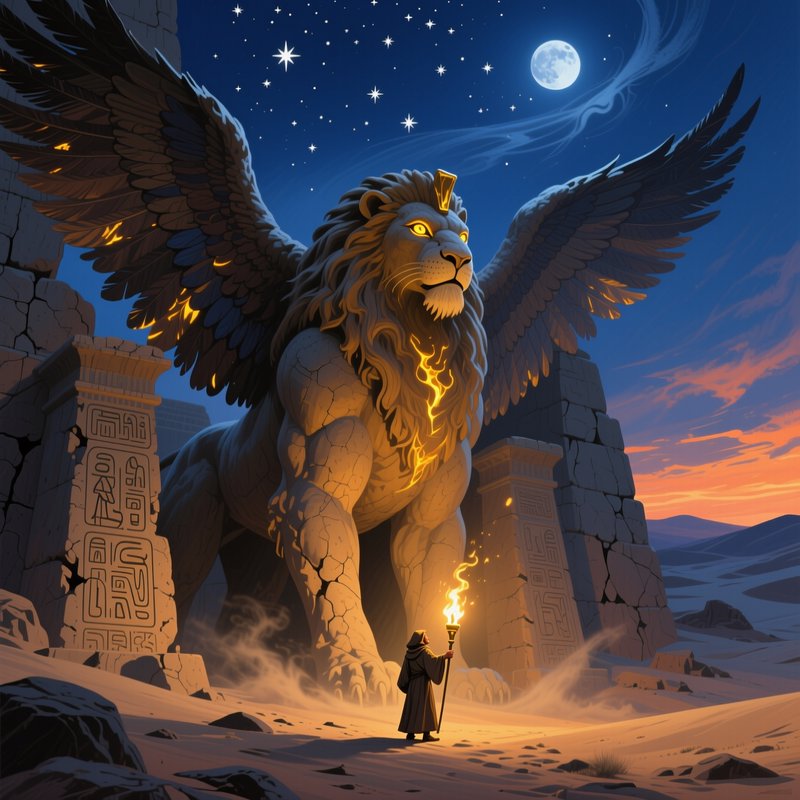 Hooded torchbearer stands before a glowing winged sphinx at ancient desert ruins under a moonlit ...