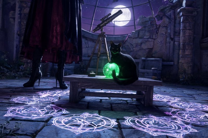 Black cat resting a paw on a glowing green crystal ball in a moonlit ruined observatory