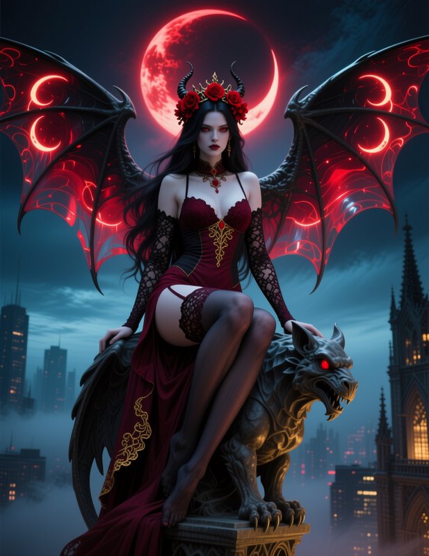 Horned gothic demon queen with glowing bat wings sits atop a gargoyle under a bright blood red eclipse