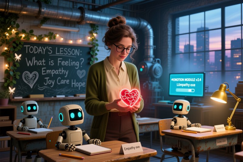 Female teacher holding a glowing heart teaches small robot students about empathy in a cozy futuristic classroom