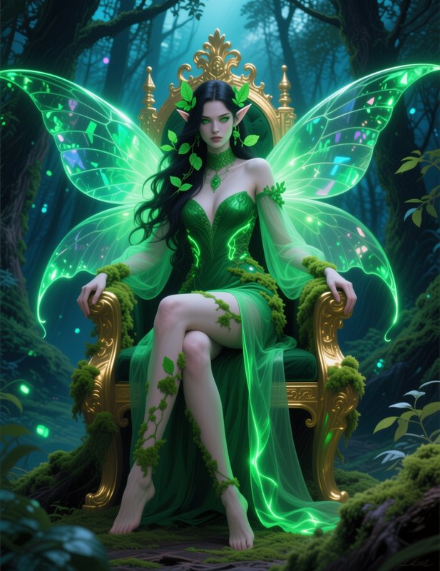 Regal fairy queen with glowing translucent green wings sits on an ornate golden throne in a misty...