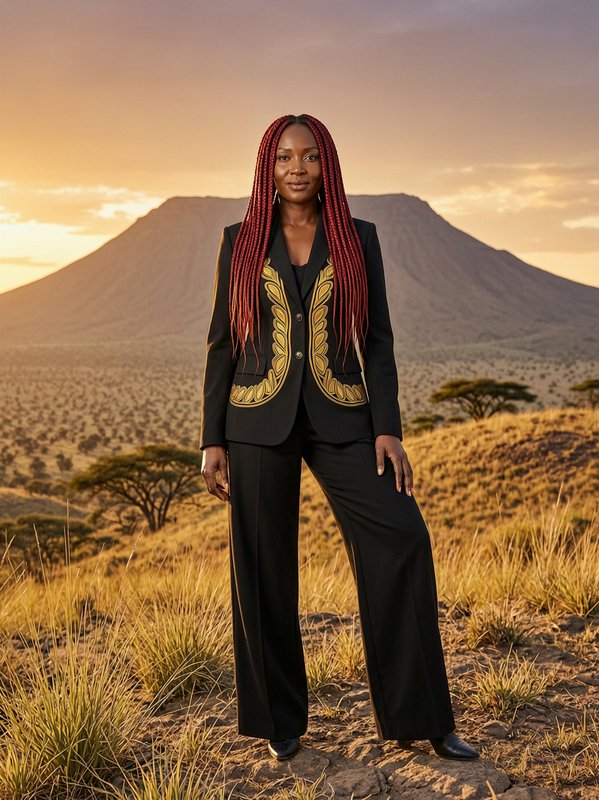 Black woman with long red braids in an embroidered suit stands on a savanna hill at golden sunset