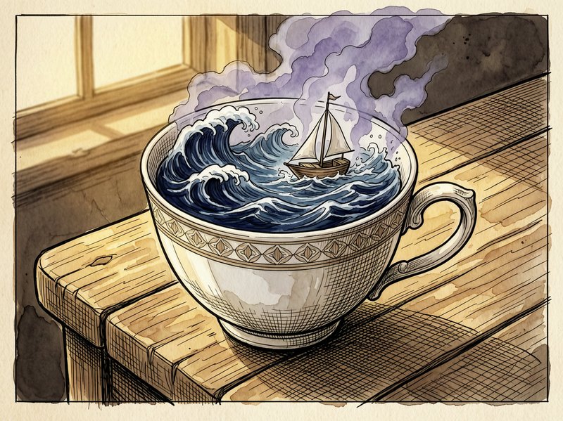 Tiny sailboat navigating stormy waves inside an ornate teacup on a sunlit wooden table