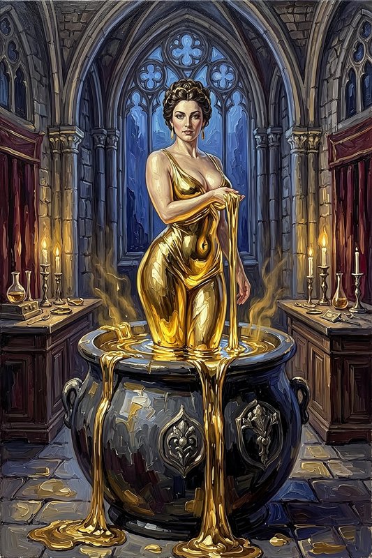 Woman transforming into flowing gold rises from an ornate cauldron in a gothic alchemist chamber