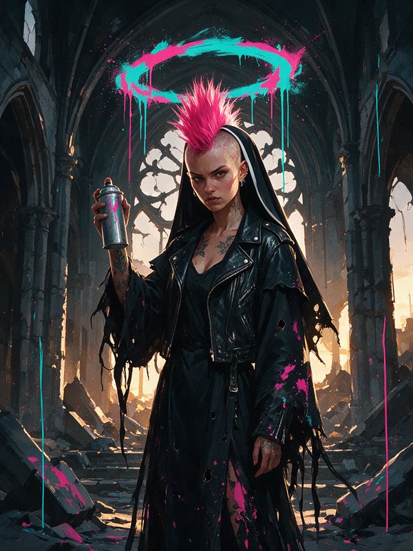 Punk nun with bright pink mohawk holds a spray can under a painted neon halo in ruined gothic cathedral