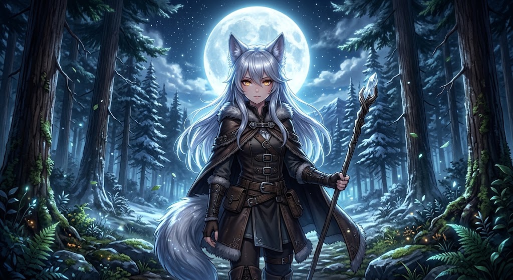 Silver haired wolf girl holding a crystal staff stands beneath a full moon in a snowy night forest
