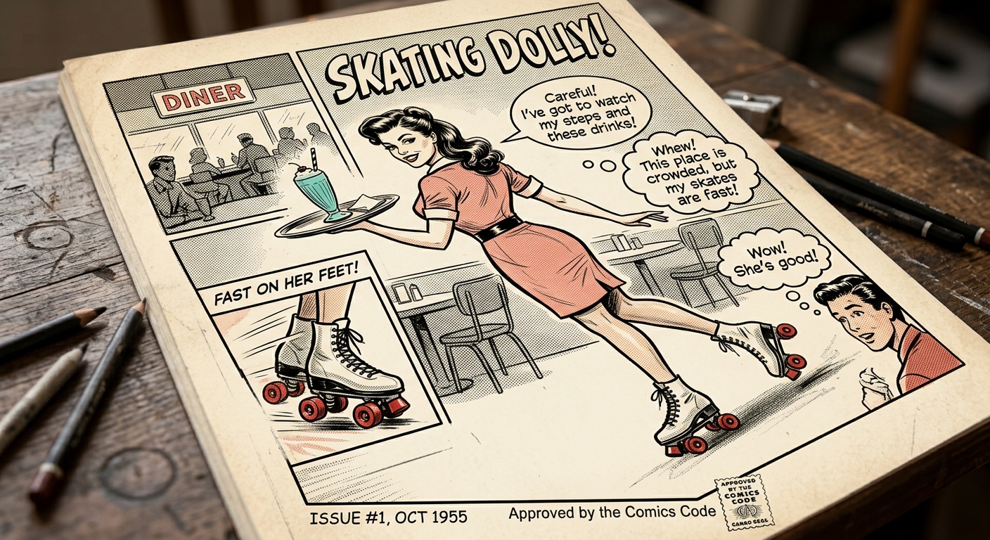 1955 vintage comic page showing roller skating diner waitress Skating Dolly carrying a milkshake tray