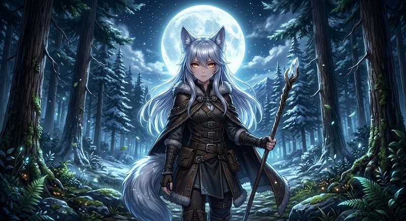 Silver haired wolf girl holding a crystal staff stands beneath a full moon in a snowy night forest