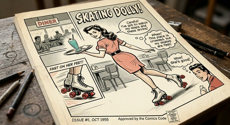 1955 vintage comic page showing roller skating diner waitress Skating Dolly carrying a milkshake ...