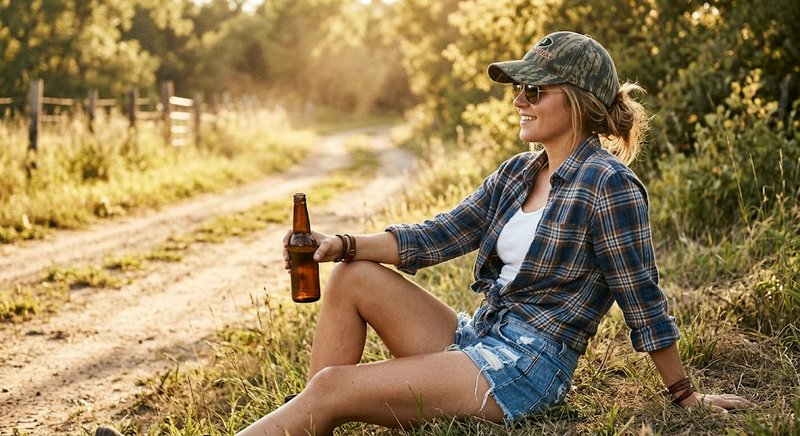 Smiling woman sits on grass beside a rural dirt road holding a beer during golden hour