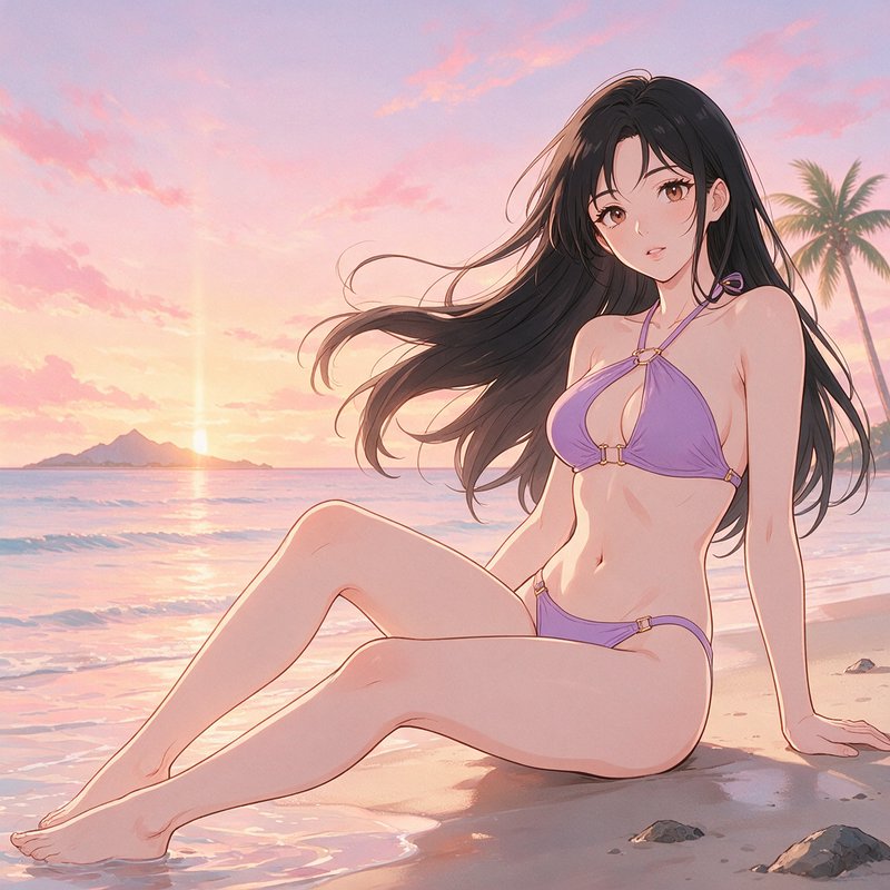 Anime girl with long black hair in a purple bikini sits on a sandy beach at pastel sunset